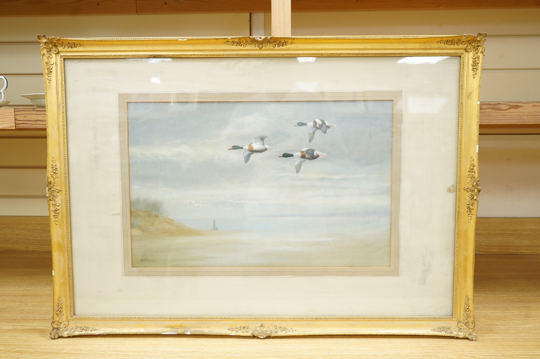 Philip Rickman (1891-1982), Ducks in flight, signed, watercolour, 33 x 52cm